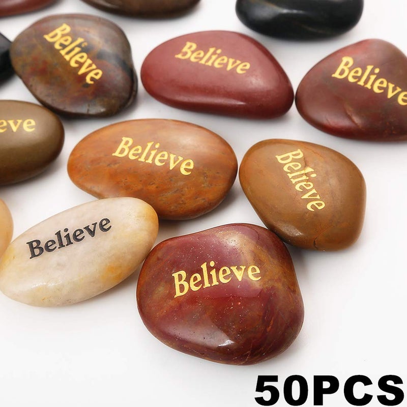 ROCKIMPACT 50PCS Believe Believe Stone Engraved Rocks Inspirational Gifts Prayer Stones Zen Chakra Gratitude Rocks Palm Pocket Motivation Encouragement Rocks Wholesale Believe Rock, 2"-3" Each - Image 2